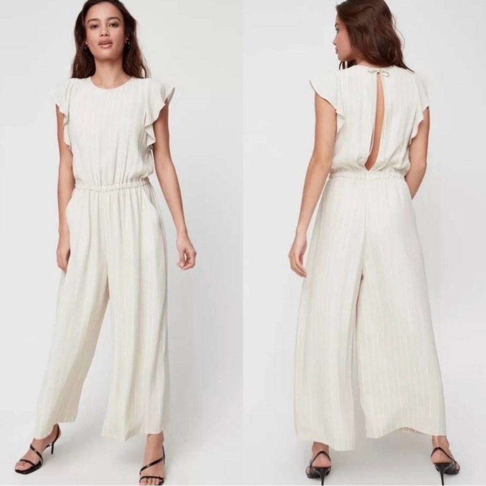 Aritzia Fleurette Crepe Wide Leg Jumpsuit Cream Stripe Flutter Sleeve XXS